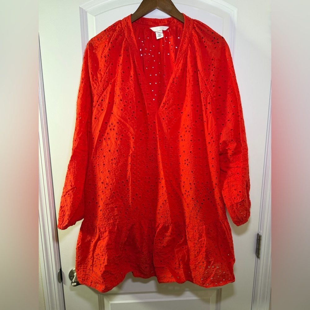 H&M Red Eyelet BRODERIE ANGLAISE Tunic Dress /Coverup Coquette unlined Spring - Picture 2 of 10